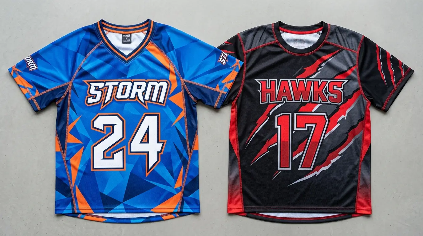 Flatlay of two sublimated custom lacrosse jerseys: a blue and orange geometric shard 'Storm' jersey and a black and red claw scratch 'Hawks' jersey.