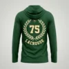 Green hooded long sleeve lacrosse shooting shirt back.