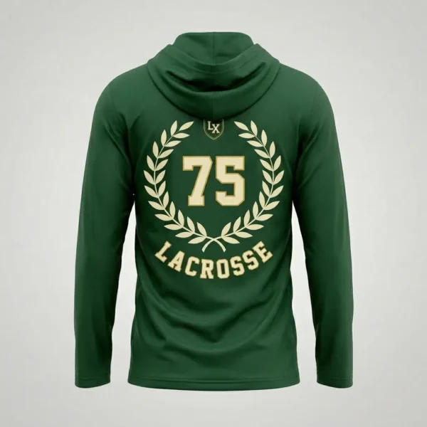 Green hooded long sleeve lacrosse shooting shirt back.