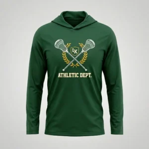Green hooded long sleeve lacrosse shooting shirt front.