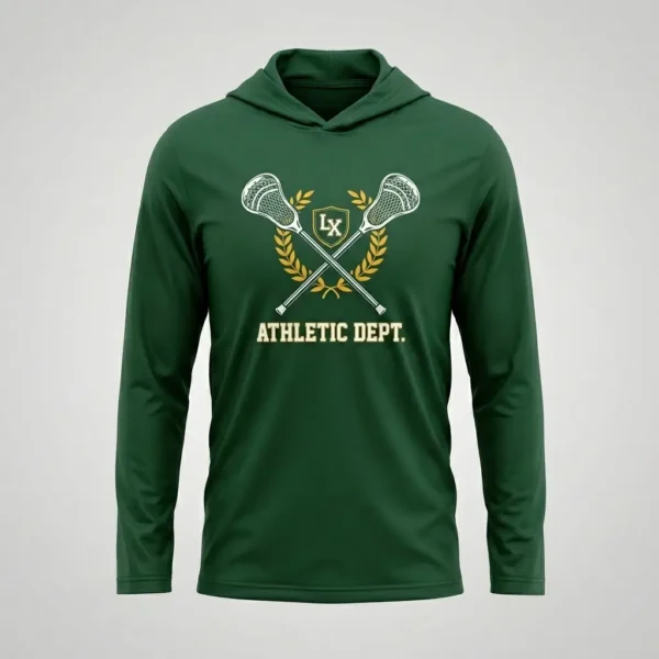 Green hooded long sleeve lacrosse shooting shirt front.