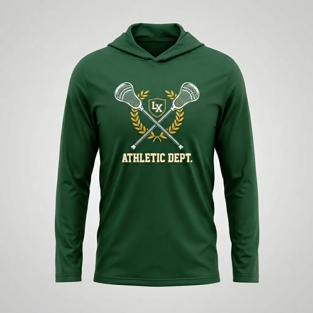 Green hooded long sleeve lacrosse shooting shirt front.