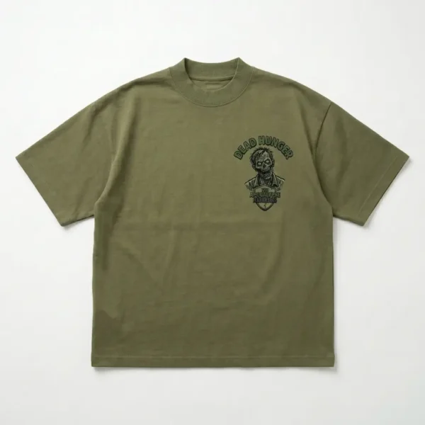 Green mock neck zombie puff printed oversized t-shirt front.