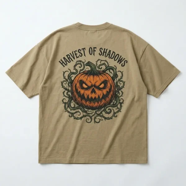 Khaki pumpkin oversized pocket t-shirt back.