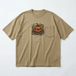 Khaki pumpkin oversized pocket t-shirt front.