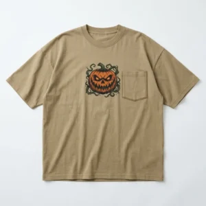 Khaki pumpkin oversized pocket t-shirt front.