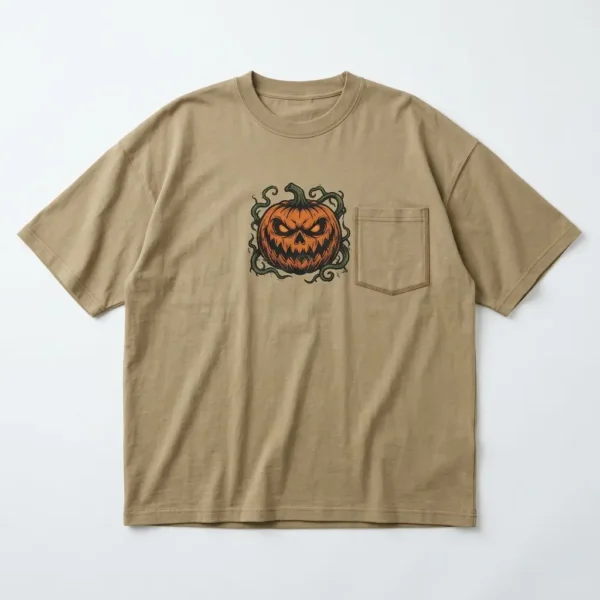 Khaki pumpkin oversized pocket t-shirt front.