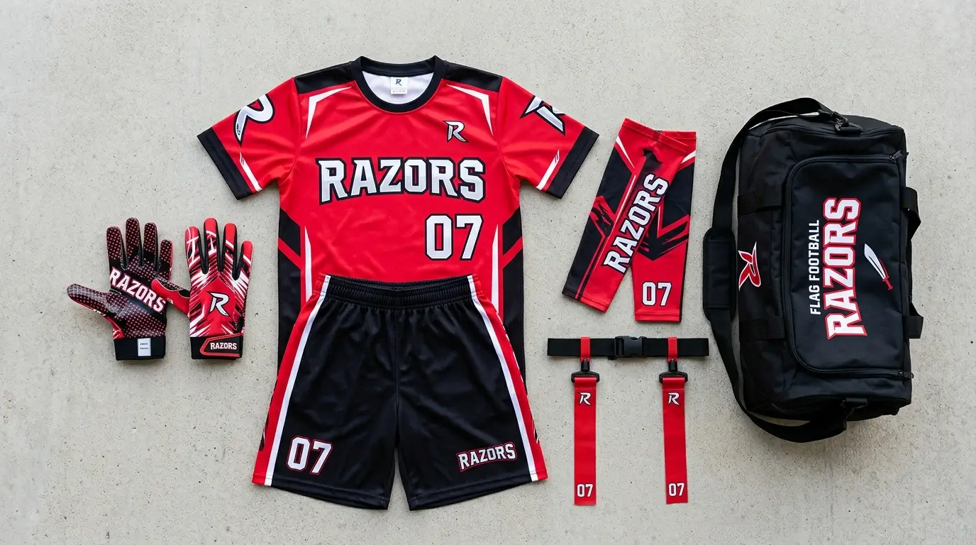 A custom flag football package for a team which includes gloves, jersey, shorts, arm sleeves, flag belts, and duffle bag.