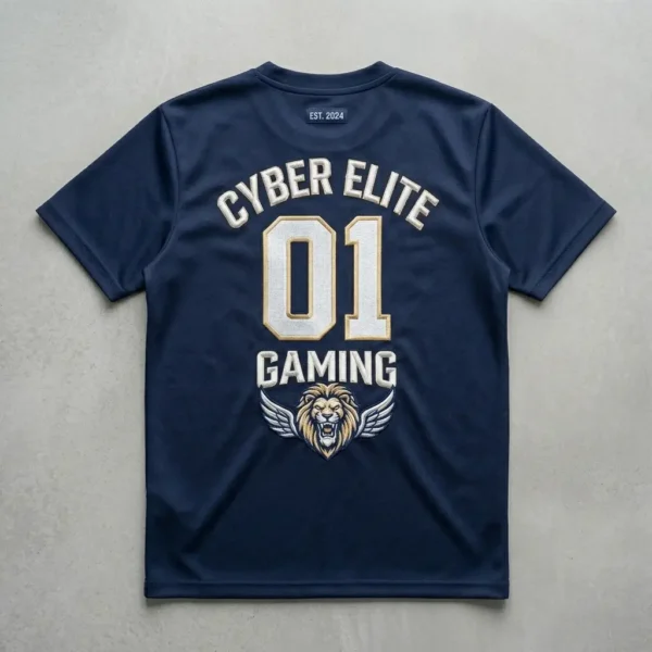 Navy blue embroidered gaming jersey back.