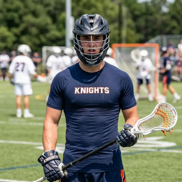 Navy blue lacrosse compression shirt.