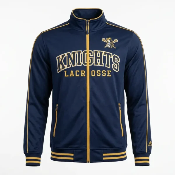 Navy embroidered lacrosse warm up jacket.