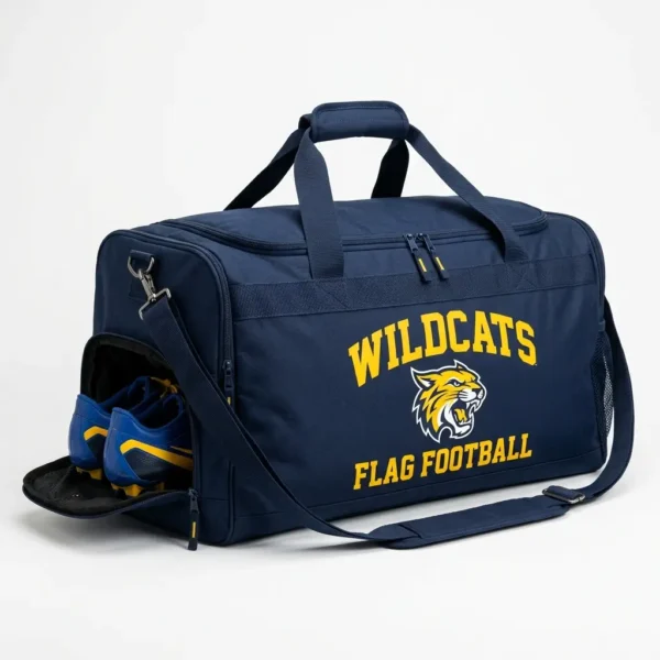 Navy printed flag football duffle bag.