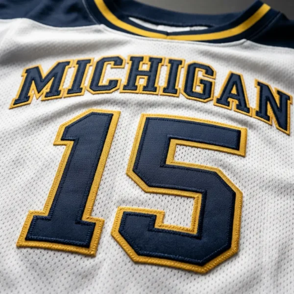 Navy white tackle twill lacrosse jersey closeup.