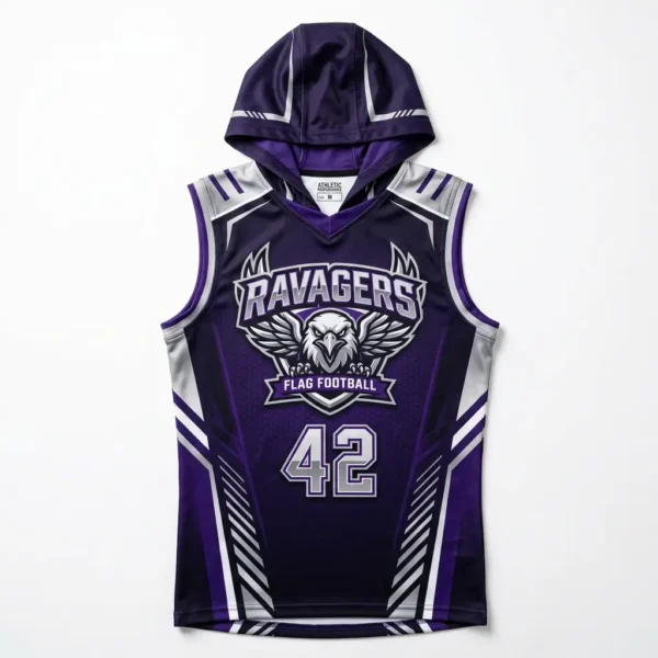 Purple sublimated sleeveless hooded flag football jersey.