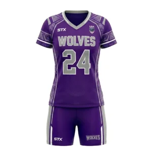 Purple wolves women's box lacrosse uniform front.