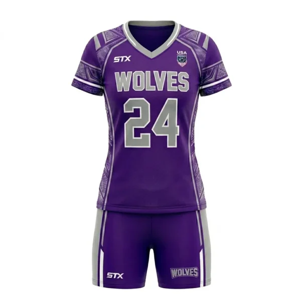 Purple wolves women's box lacrosse uniform front.