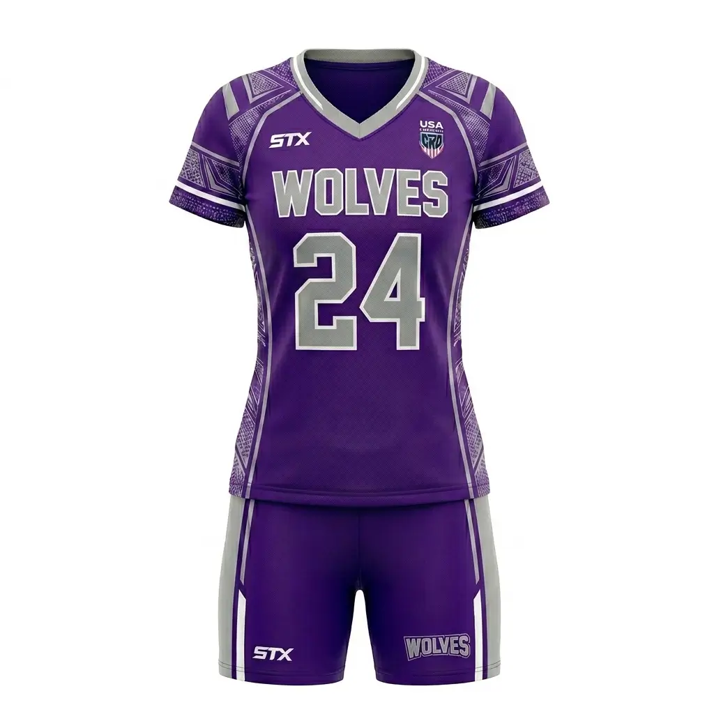 Purple wolves women's box lacrosse uniform front.