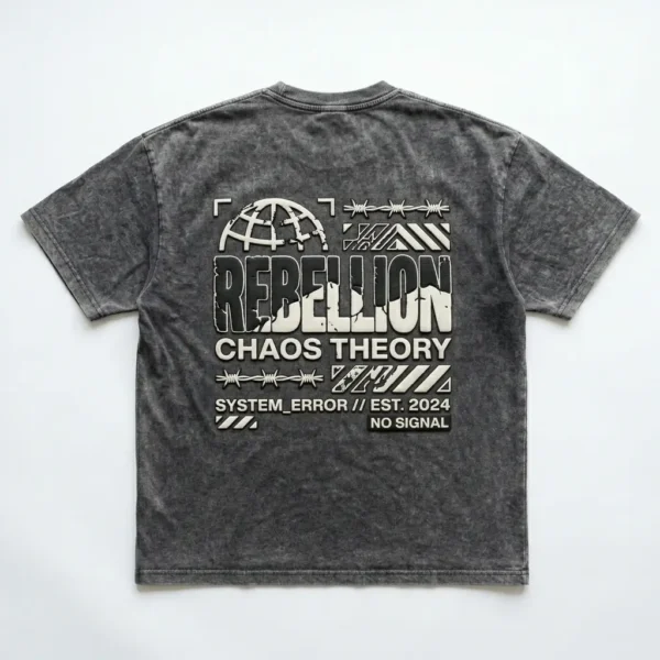 Rebellion acid washed puff printed oversized t-shirt back.
