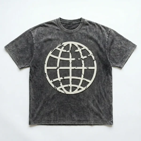 Rebellion acid washed puff printed oversized t-shirt front.