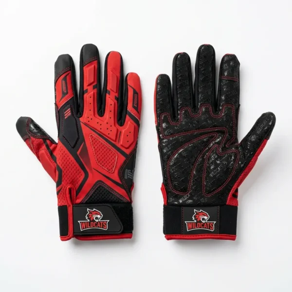 Red and black receiver's custom flag football gloves.
