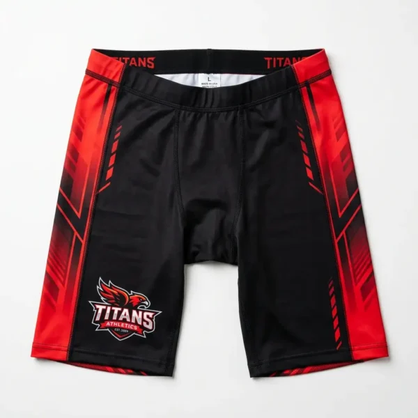 Red, black sublimated compression flag football shorts.