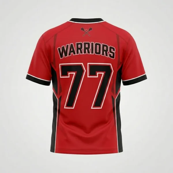 Red short sleeve lacrosse shooting shirt back.