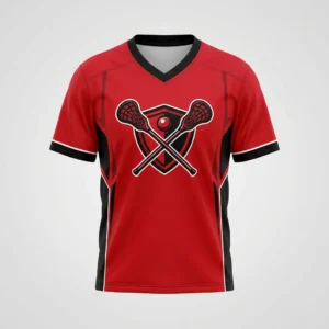 Red short sleeve lacrosse shooting shirt front.