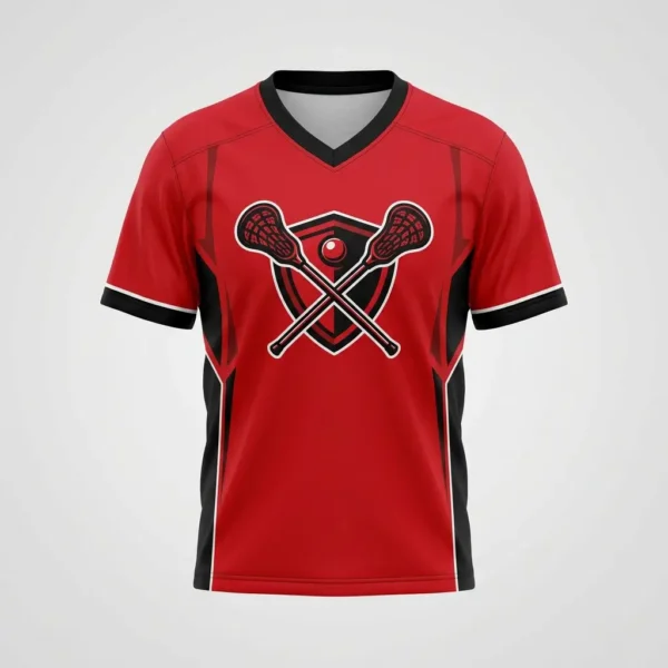 Red short sleeve lacrosse shooting shirt front.