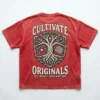 Red stone washed skull french terry oversized t-shirt back.