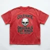 Red stone washed skull french terry oversized t-shirt front.