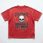 Red stone washed skull french terry oversized t-shirt front.