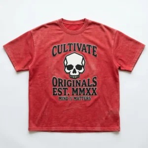 Red stone washed skull french terry oversized t-shirt front.