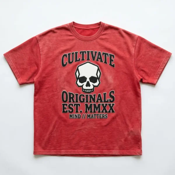 Red stone washed skull french terry oversized t-shirt front.