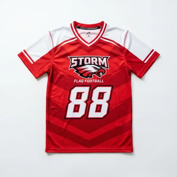 Red white sublimated short sleeve flag football jersey.