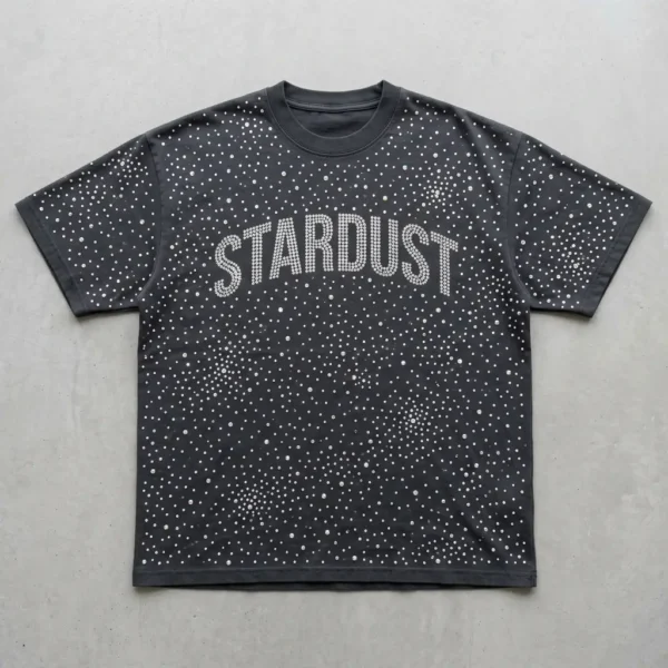 Dark gray oversized t-shirt embellished with an all-over starry galaxy rhinestone pattern and a rhinestone arched Stardust text graphic.