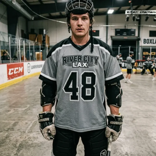 Screen printed gray box lacrosse practice jersey.