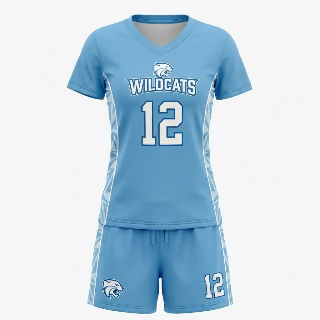 Sky blue women's field lacrosse uniform front.