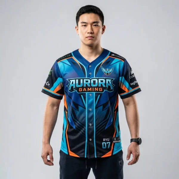 Sublimated baseball button up ESports jersey.