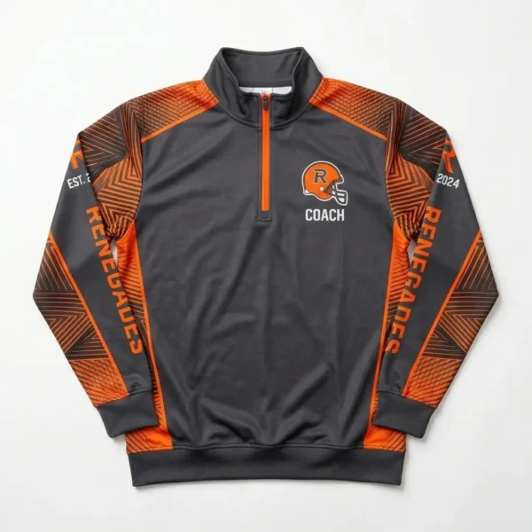 Sublimated charcoal and orange custom coach flag football 1 4 zip jersey.