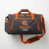 Sublimated charcoal and orange custom coach flag football duffle bag.
