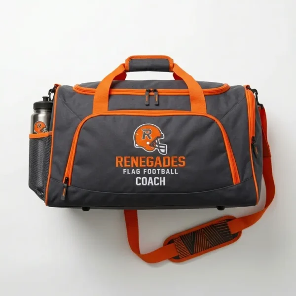 Sublimated charcoal and orange custom coach flag football duffle bag.