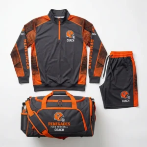 Sublimated charcoal and orange custom coach flag football package.