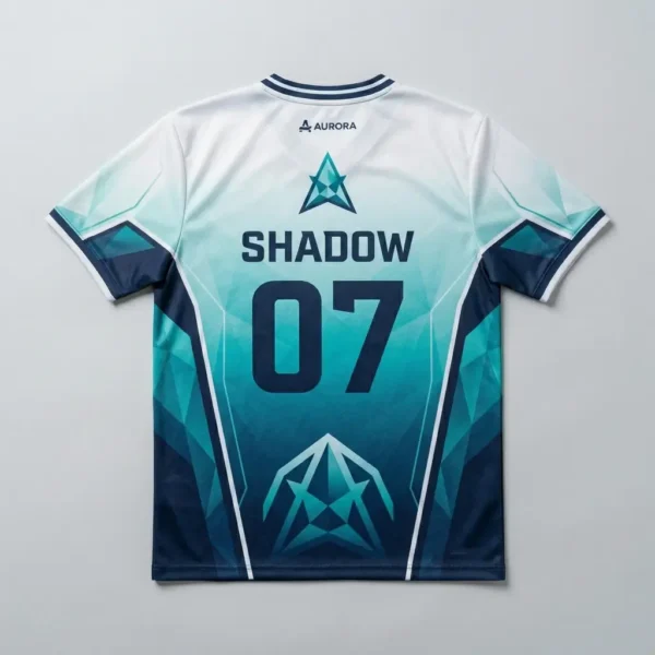 Sublimated color fade V-Neck eSports jersey back.