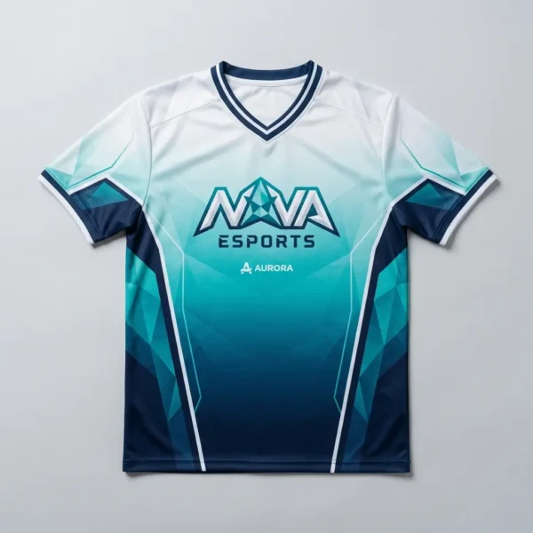 Sublimated color fade V-Neck eSports jersey front.