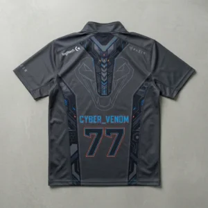 Sublimated dark grey quarter zip eSports jersey back.