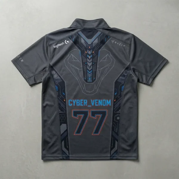 Sublimated dark grey quarter zip eSports jersey back.