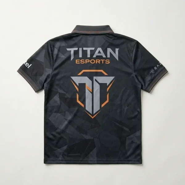 Sublimated deep charcoal eSports polo jersey back.