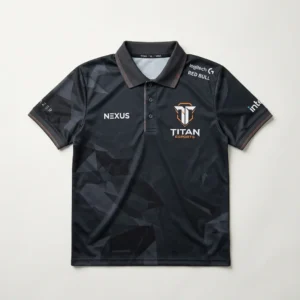Sublimated deep charcoal eSports polo jersey front.