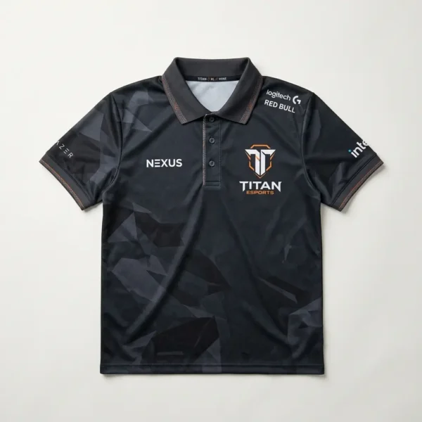 Sublimated deep charcoal eSports polo jersey front.