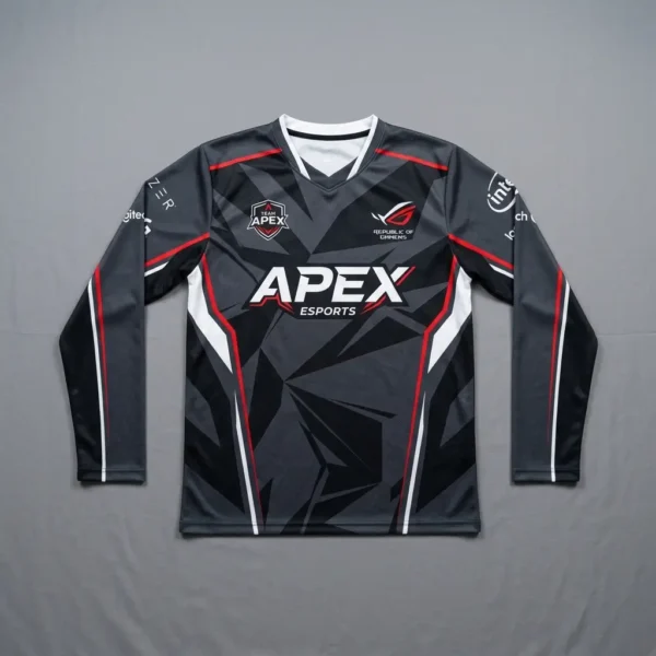 Sublimated gray black long sleeve ESports jersey.